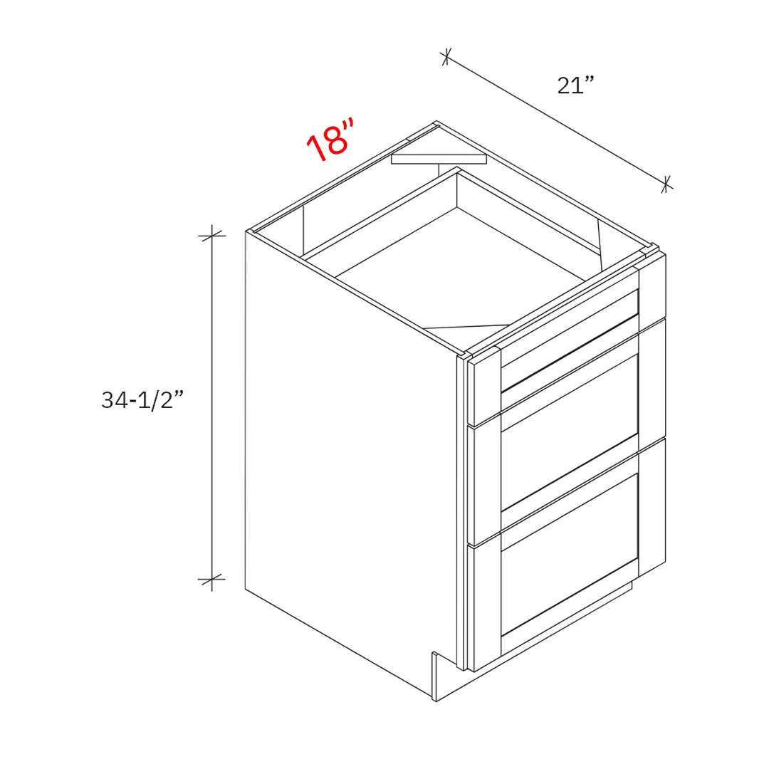Shaker Natural 18w Vanity Depth (21d) Base Cabinet w 3 Drawers